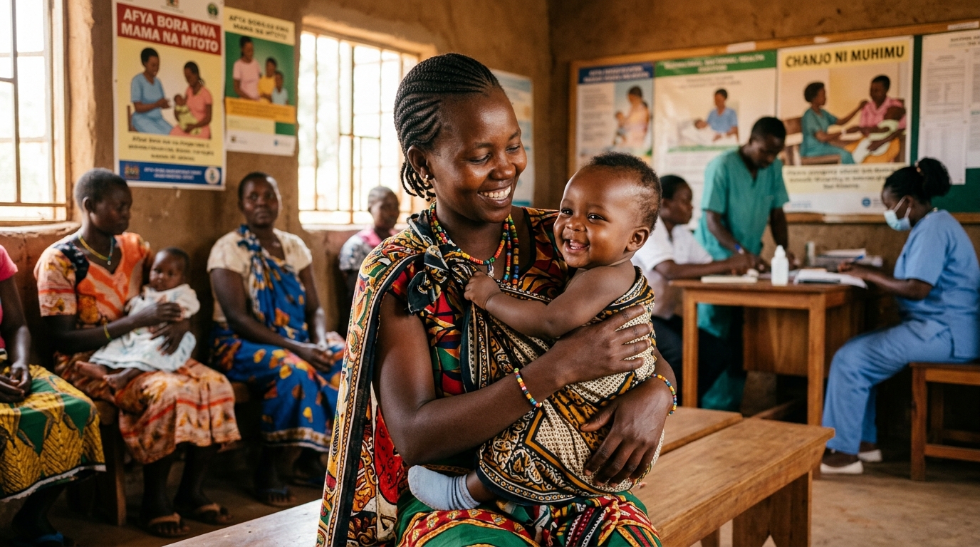 Kenyan mother with child receiving care